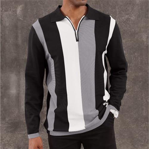 Men's Fashion Polo Shirts Vintage Striped Knitting Shirts Casual Slim Fit Golf Shirts