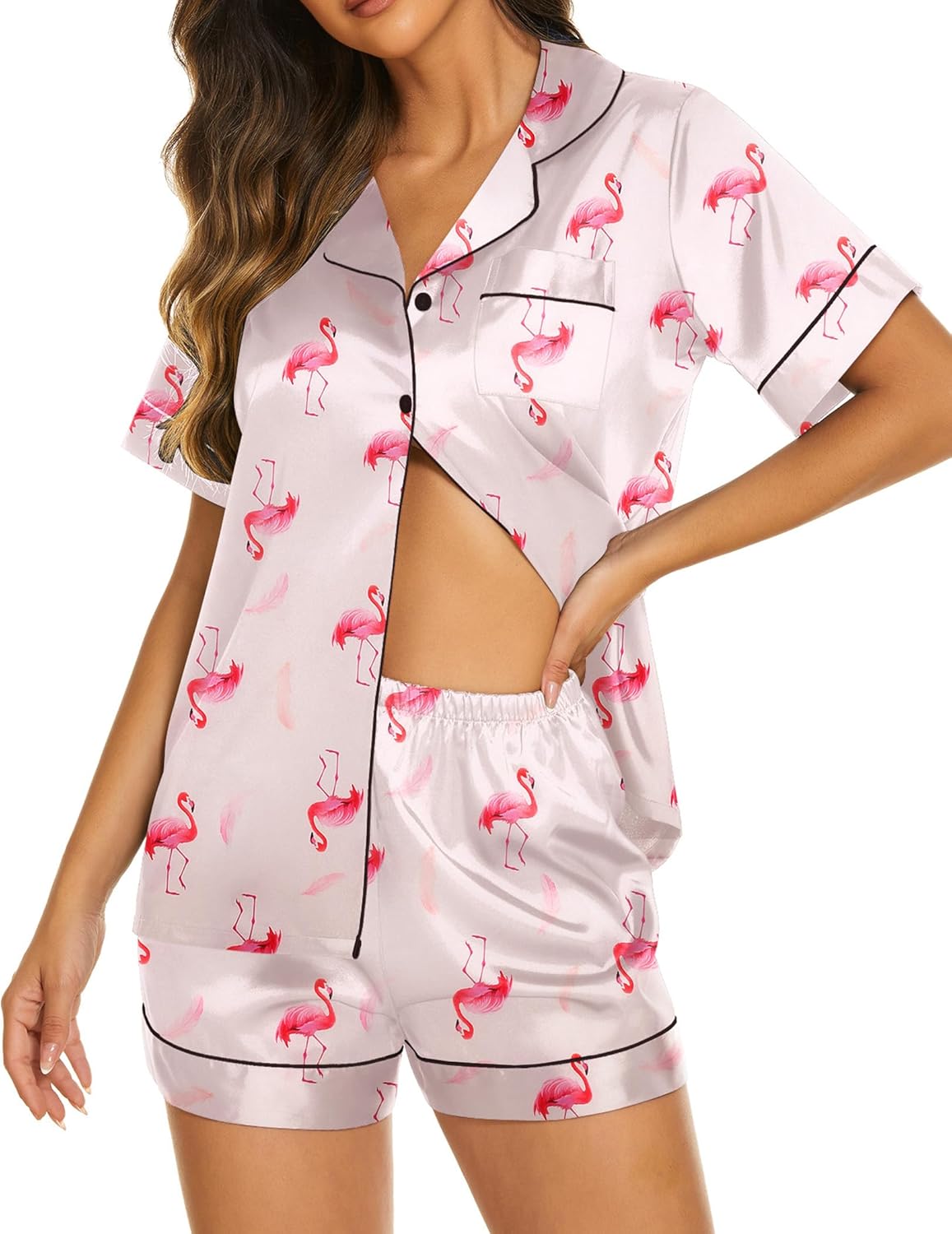 Ekouaer Silk Pajamas for Women Set Short Sleeve Sleepwear Soft Button Down Loungewear 2 Piece Satin Pjs Shorts Set S-XXL