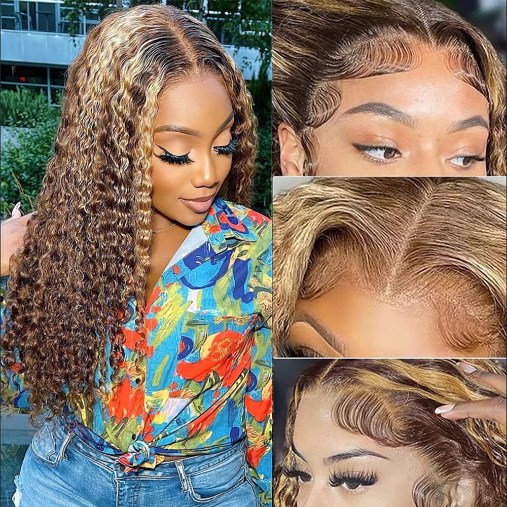 Chesma 28inch Highlight Ombre Lace Front Wig Human Hair 13x4 HD Honey Blonde 4/27 Deep Wave Lace Frontal Wigs Glueless Wigs Human Hair Pre Plucked with Baby Hair 180 Density