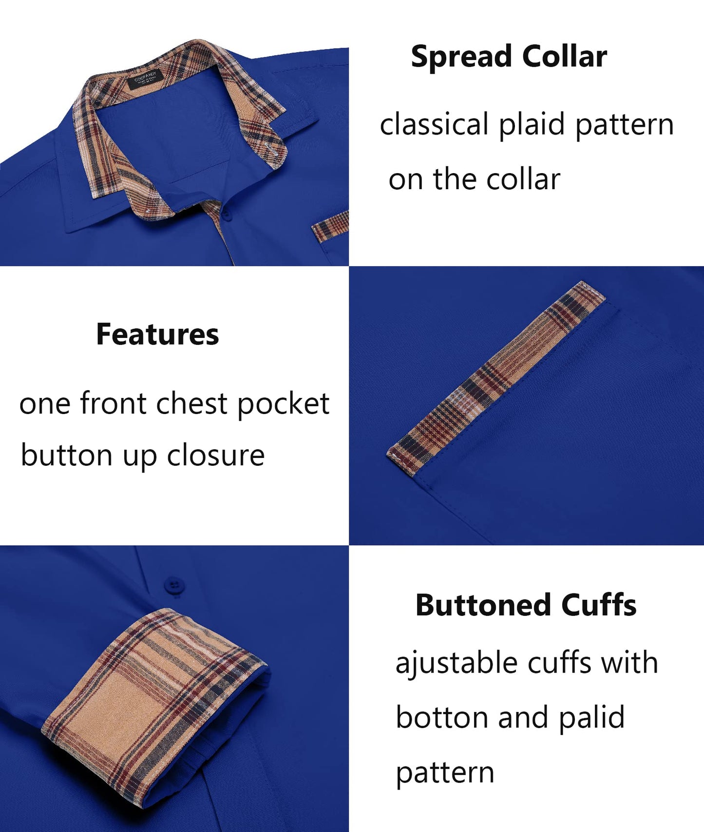 COOFANDY Men's Long Sleeve Dress Shirt Plaid Collar Casual Button Down Shirts