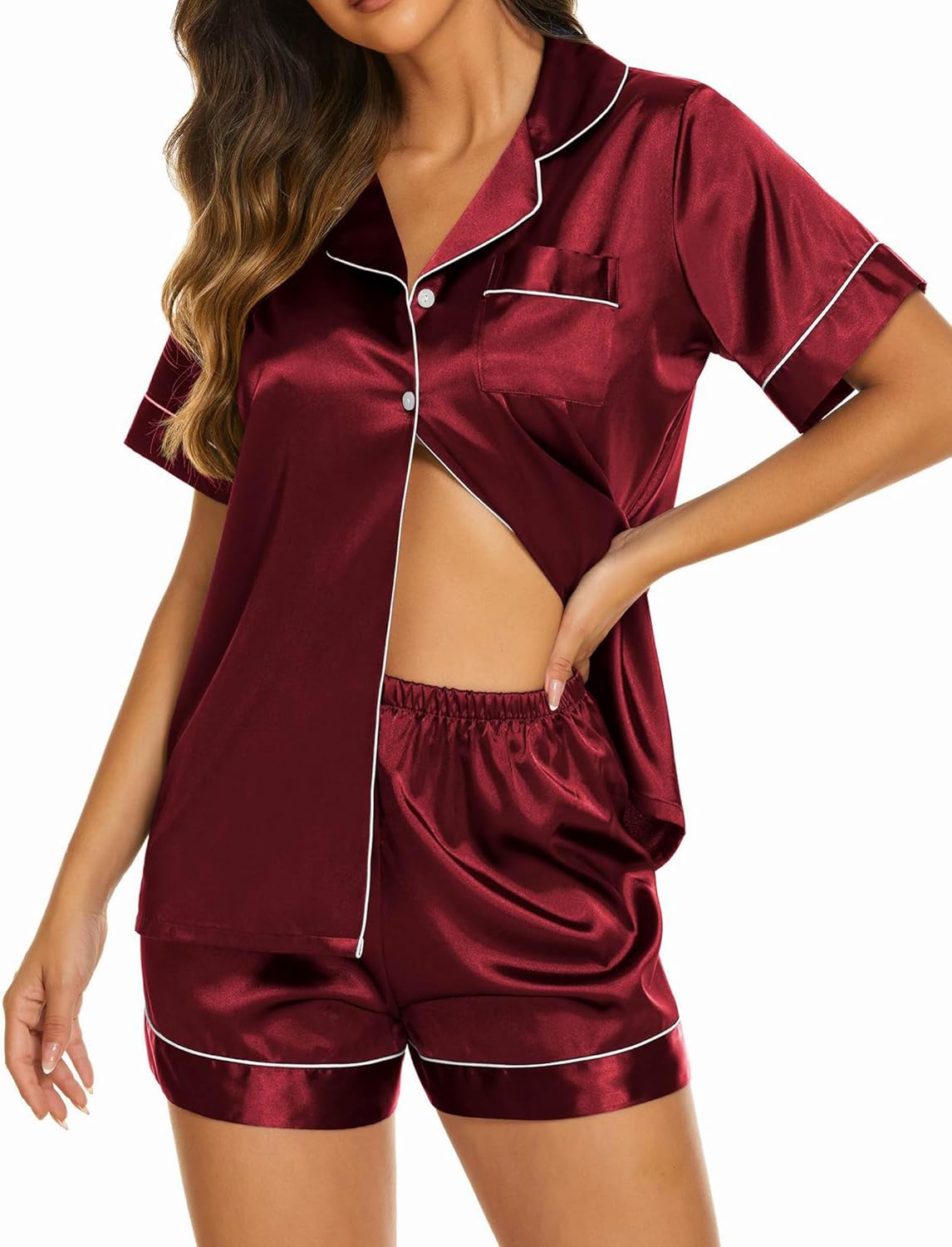 Ekouaer Silk Pajamas for Women Set Short Sleeve Sleepwear Soft Button Down Loungewear 2 Piece Satin Pjs Shorts Set S-XXL