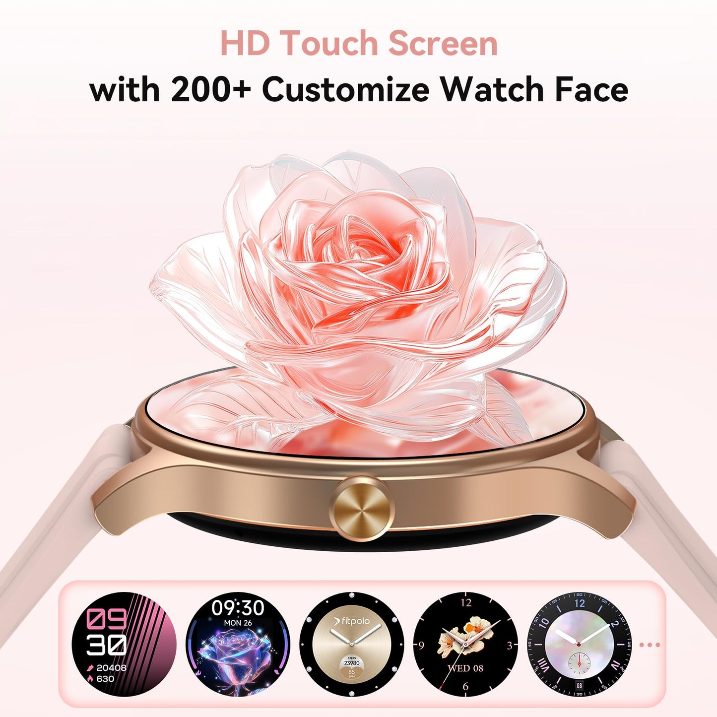 Fitpolo Smart Watches for Women (2 Bands), 40mm Stylish Round Smartwatch, IP68 Waterproof Fitness Tracker with Bluetooth Calls (Make/Answer), Heart Rate/SpO2/Sleep Monitor, 7 Days Battery - Pink
