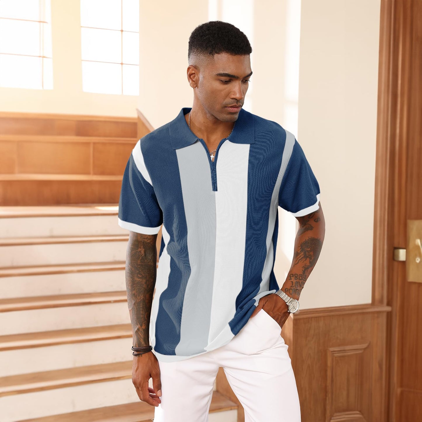 Men's Fashion Polo Shirts Vintage Striped Knitting Shirts Casual Slim Fit Golf Shirts