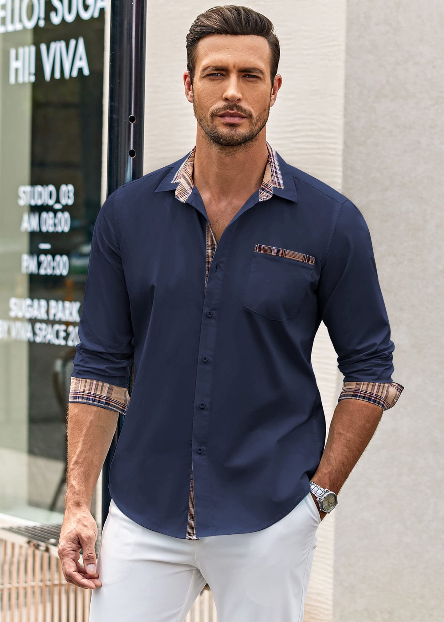 COOFANDY Men's Long Sleeve Dress Shirt Plaid Collar Casual Button Down Shirts