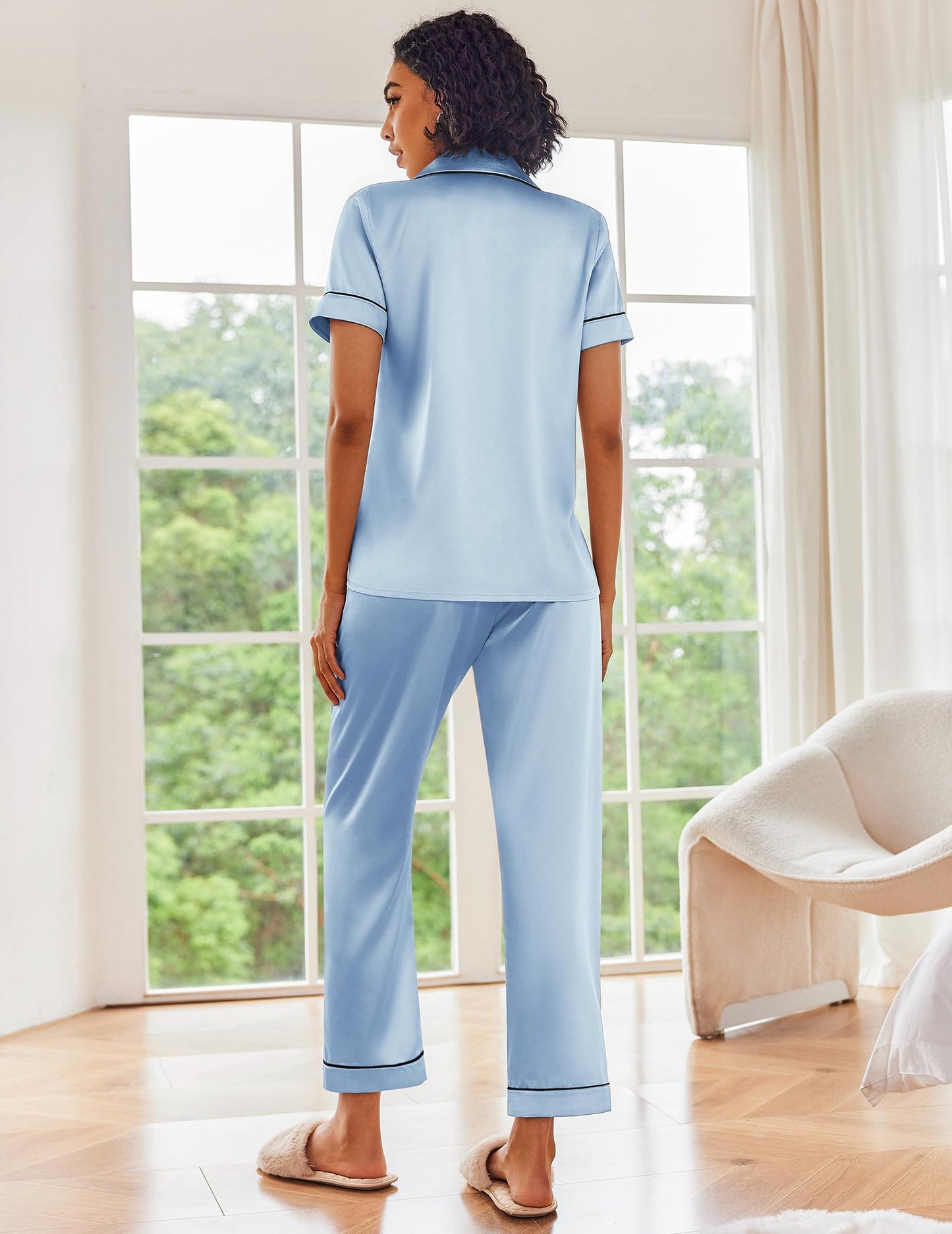 Ekouaer 2 Pack Silk Pajamas for Women Short Sleeve Button Down Satin Pajama Set for Women Soft Pjs Loungewear S-XXL