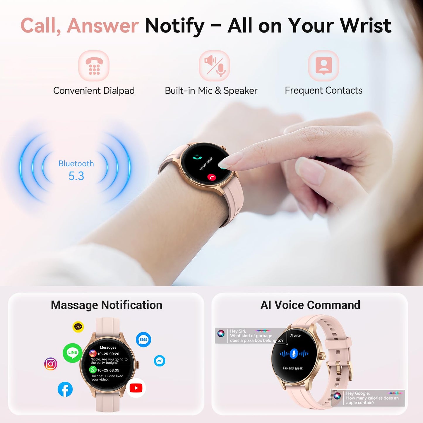 Fitpolo Smart Watches for Women (2 Bands), 40mm Stylish Round Smartwatch, IP68 Waterproof Fitness Tracker with Bluetooth Calls (Make/Answer), Heart Rate/SpO2/Sleep Monitor, 7 Days Battery - Pink