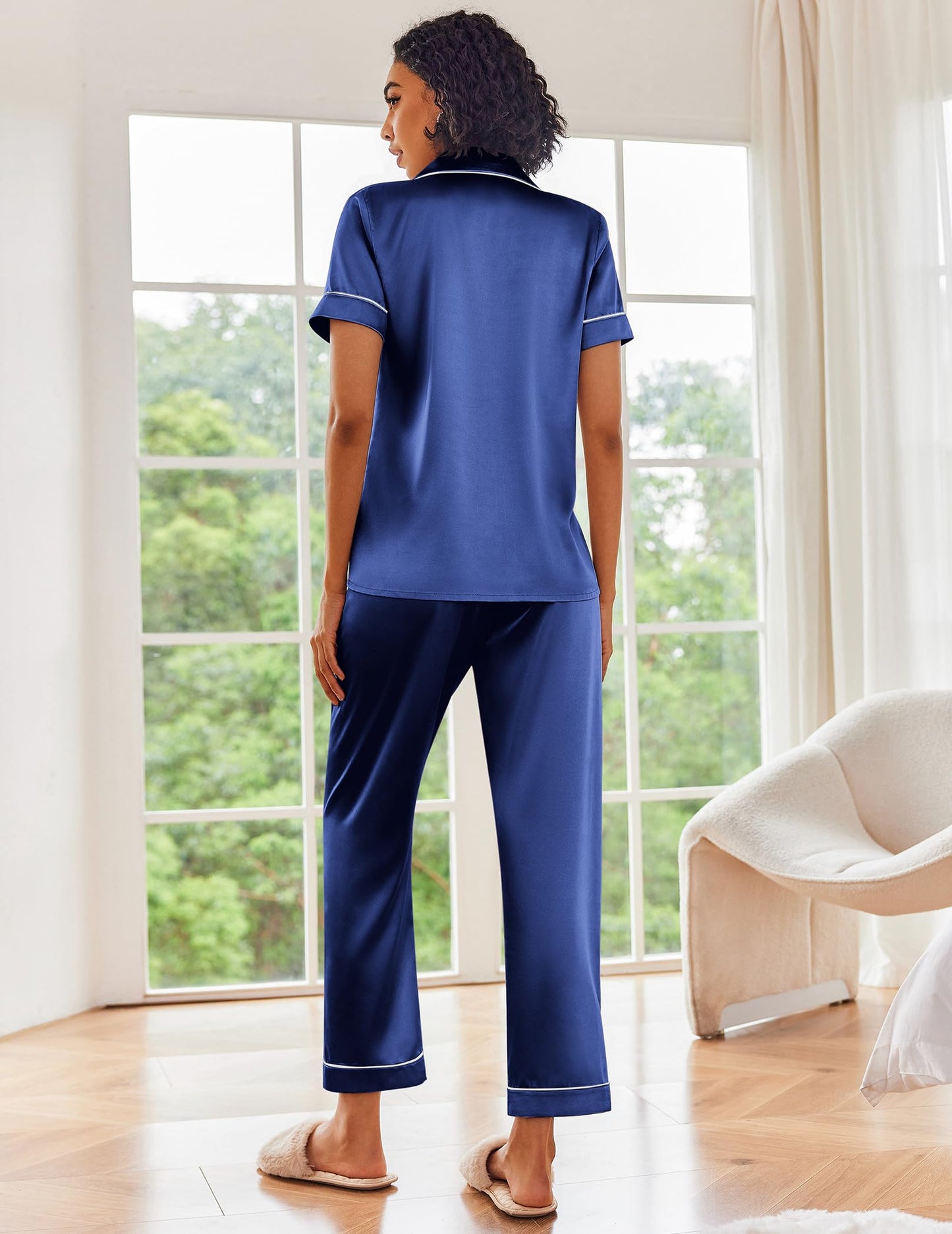 Ekouaer 2 Pack Silk Pajamas for Women Short Sleeve Button Down Satin Pajama Set for Women Soft Pjs Loungewear S-XXL