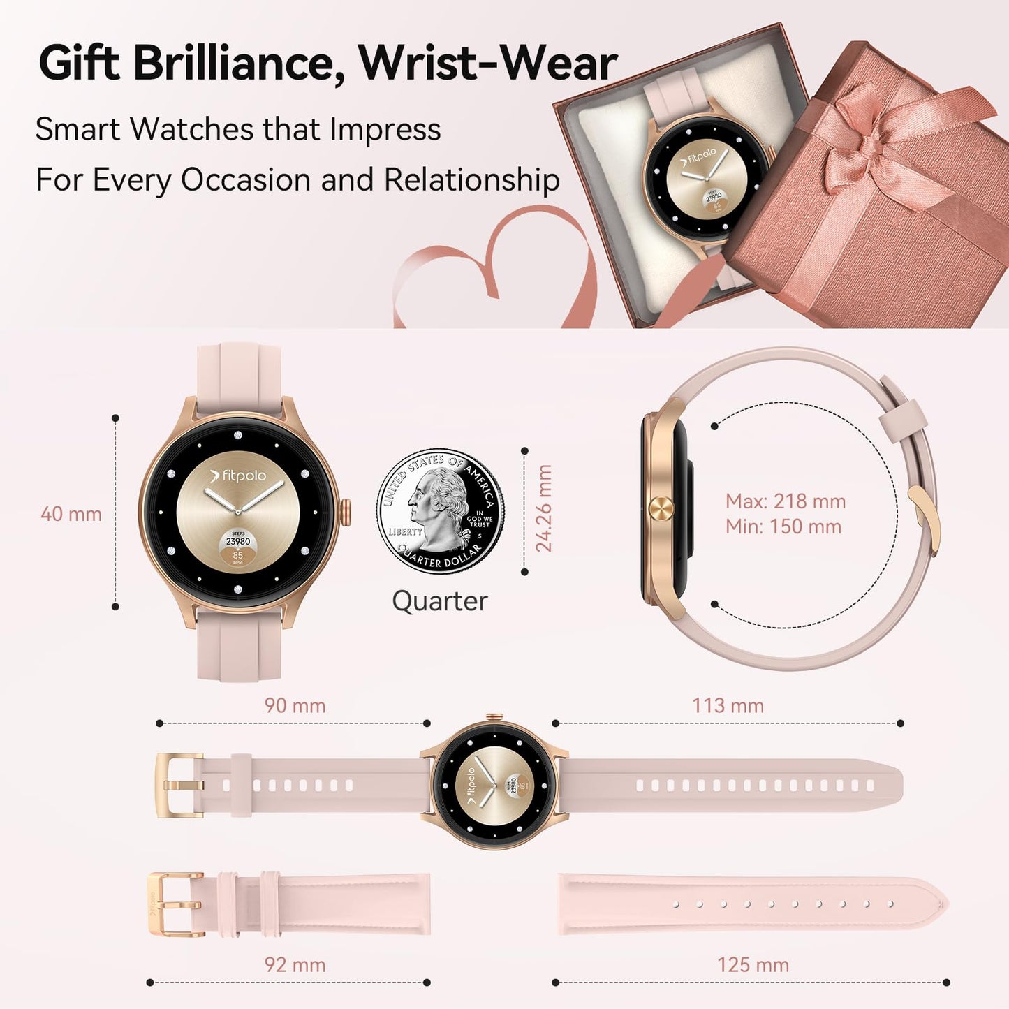 Fitpolo Smart Watches for Women (2 Bands), 40mm Stylish Round Smartwatch, IP68 Waterproof Fitness Tracker with Bluetooth Calls (Make/Answer), Heart Rate/SpO2/Sleep Monitor, 7 Days Battery - Pink