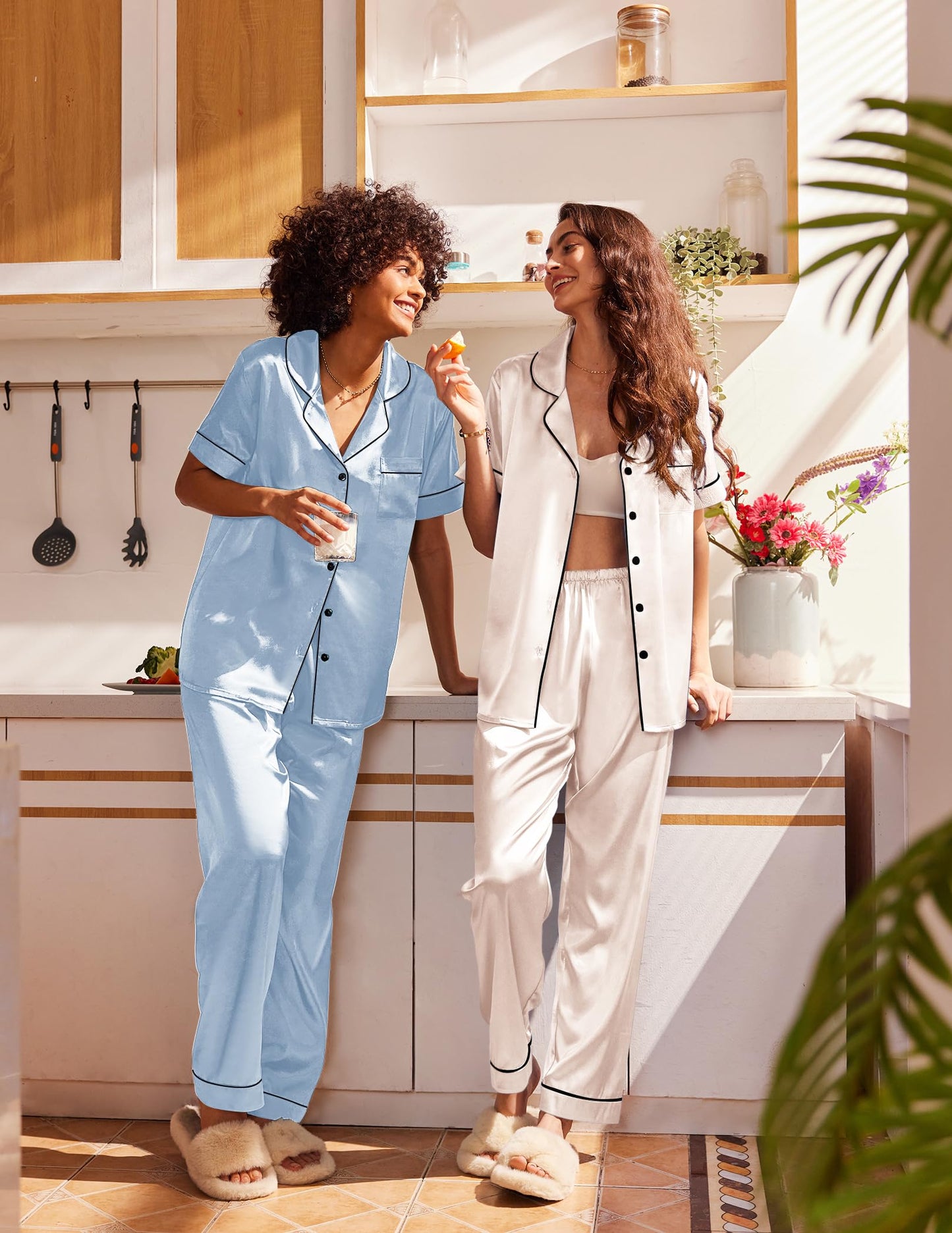 Ekouaer 2 Pack Silk Pajamas for Women Short Sleeve Button Down Satin Pajama Set for Women Soft Pjs Loungewear S-XXL