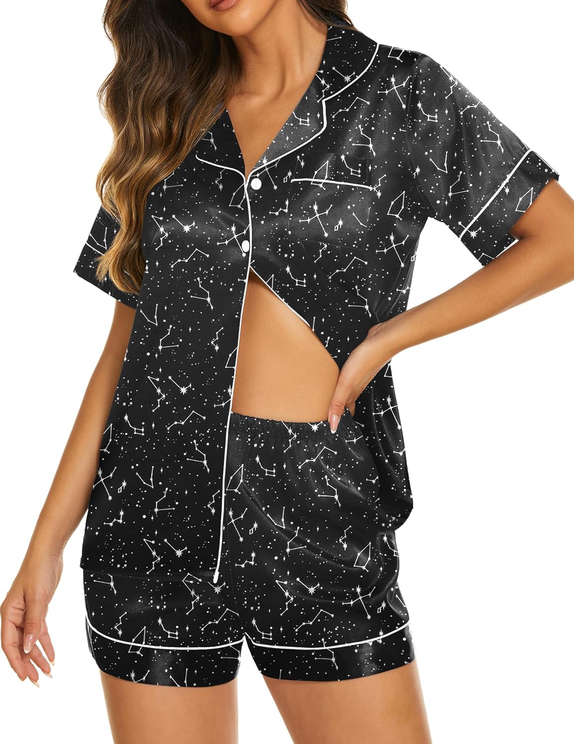 Ekouaer Silk Pajamas for Women Set Short Sleeve Sleepwear Soft Button Down Loungewear 2 Piece Satin Pjs Shorts Set S-XXL