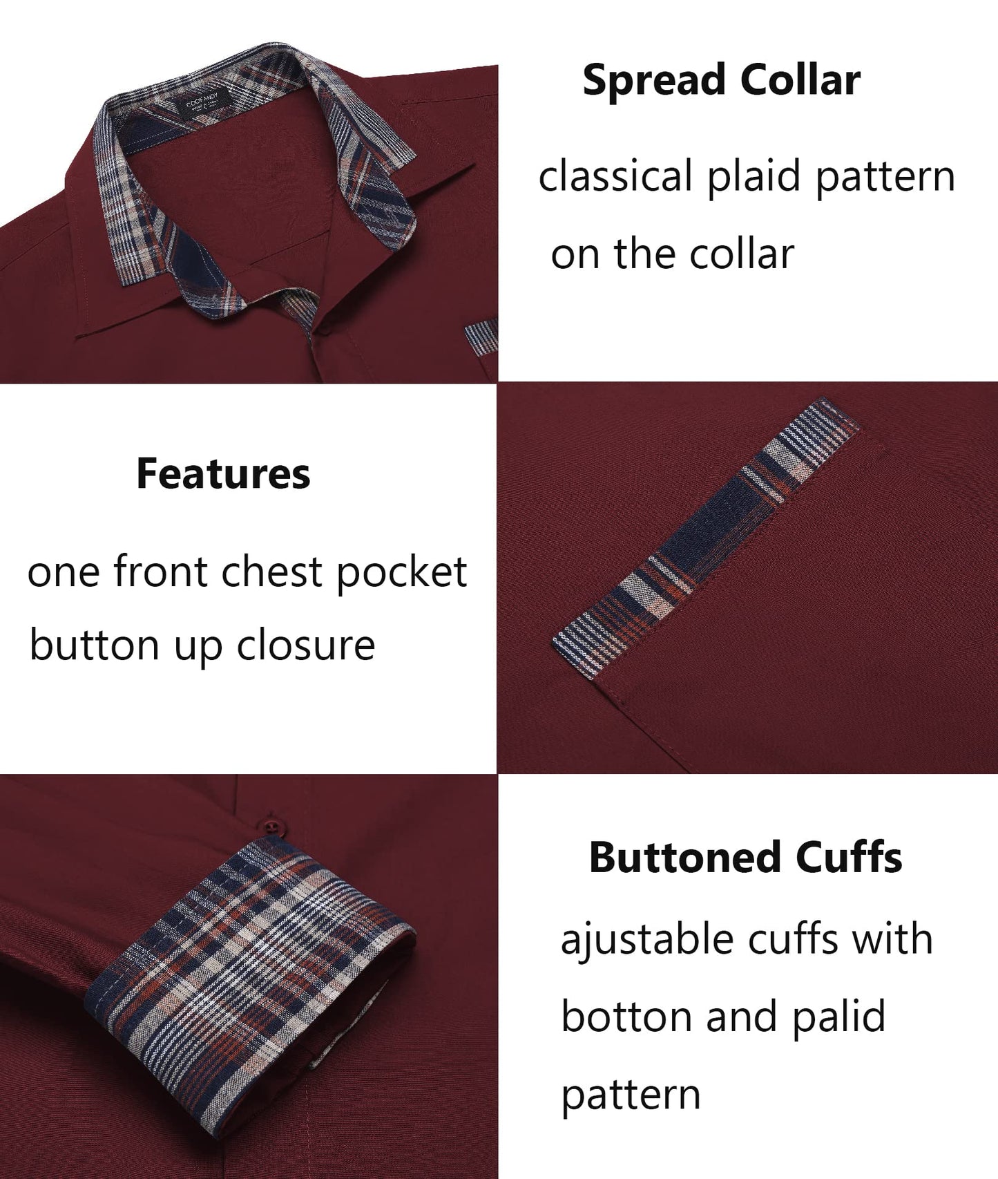 COOFANDY Men's Long Sleeve Dress Shirt Plaid Collar Casual Button Down Shirts
