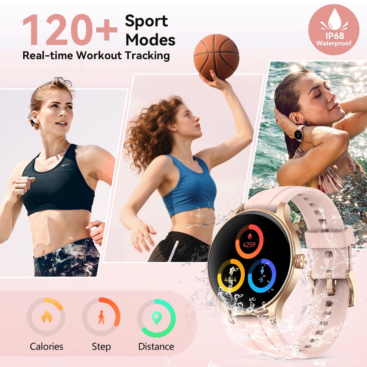 Fitpolo Smart Watches for Women (2 Bands), 40mm Stylish Round Smartwatch, IP68 Waterproof Fitness Tracker with Bluetooth Calls (Make/Answer), Heart Rate/SpO2/Sleep Monitor, 7 Days Battery - Pink