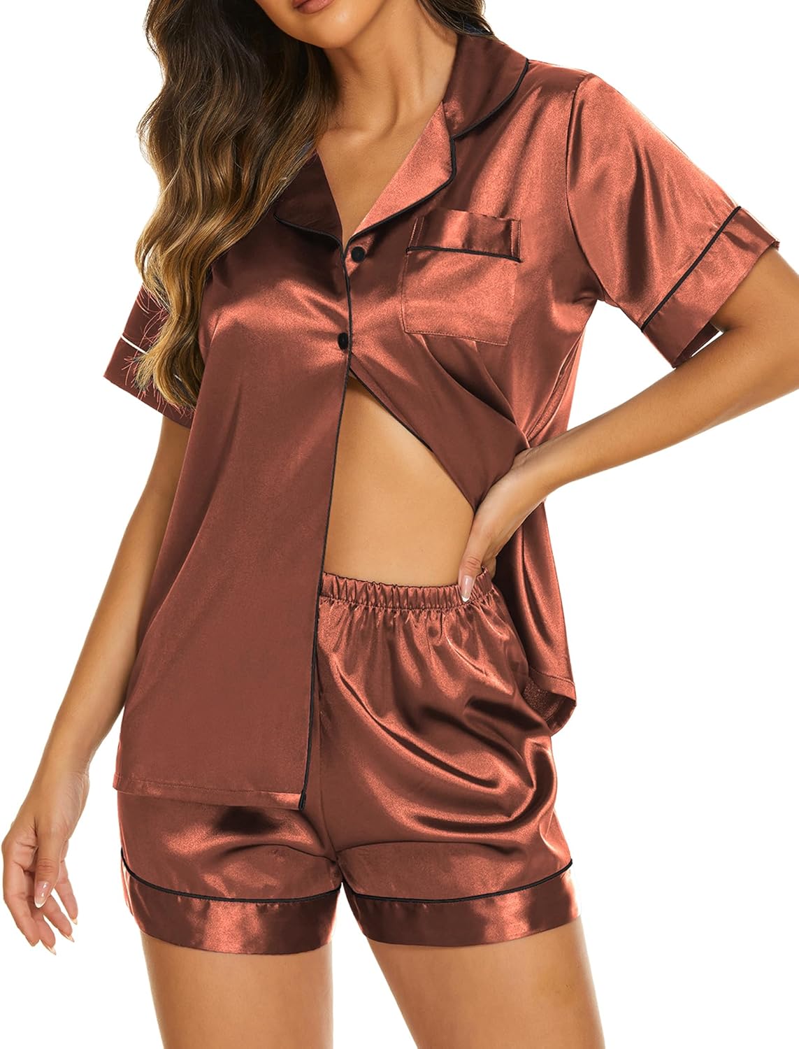 Ekouaer Silk Pajamas for Women Set Short Sleeve Sleepwear Soft Button Down Loungewear 2 Piece Satin Pjs Shorts Set S-XXL