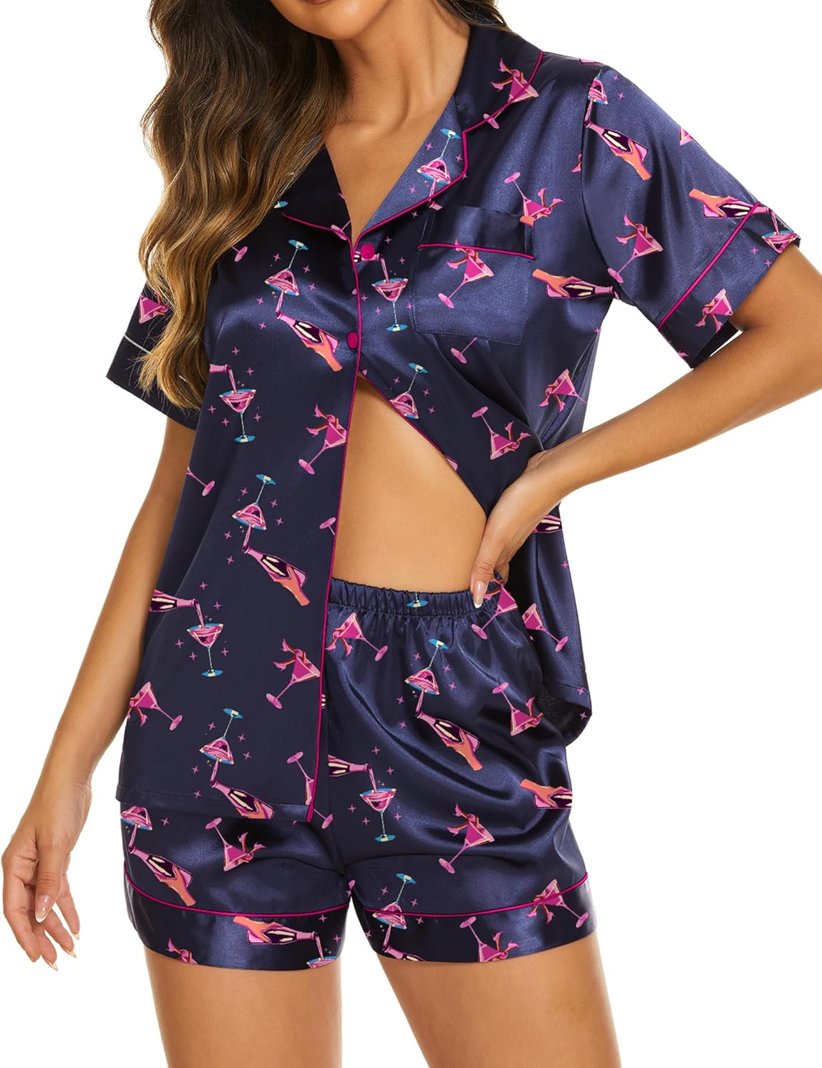 Ekouaer Silk Pajamas for Women Set Short Sleeve Sleepwear Soft Button Down Loungewear 2 Piece Satin Pjs Shorts Set S-XXL