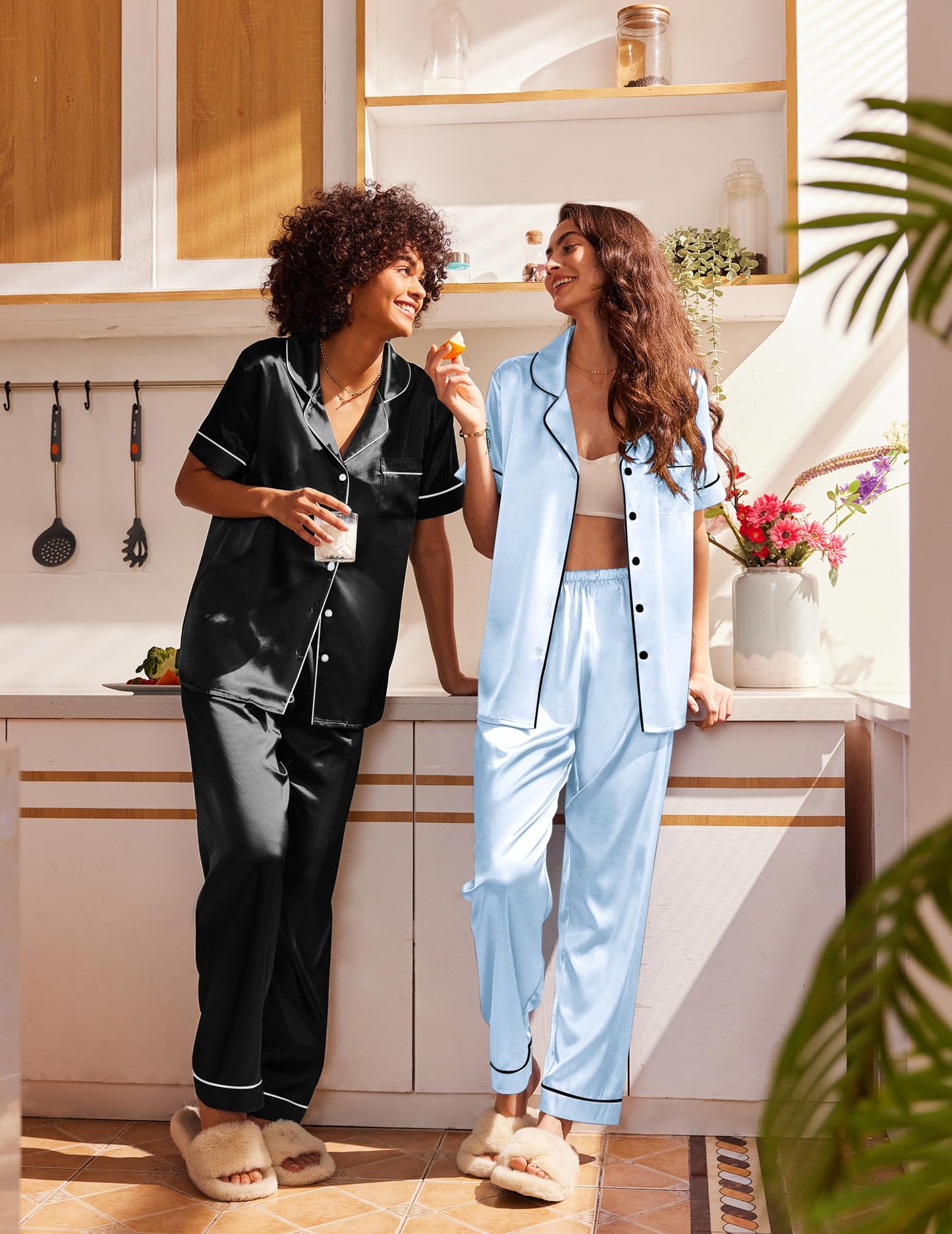 Ekouaer 2 Pack Silk Pajamas for Women Short Sleeve Button Down Satin Pajama Set for Women Soft Pjs Loungewear S-XXL