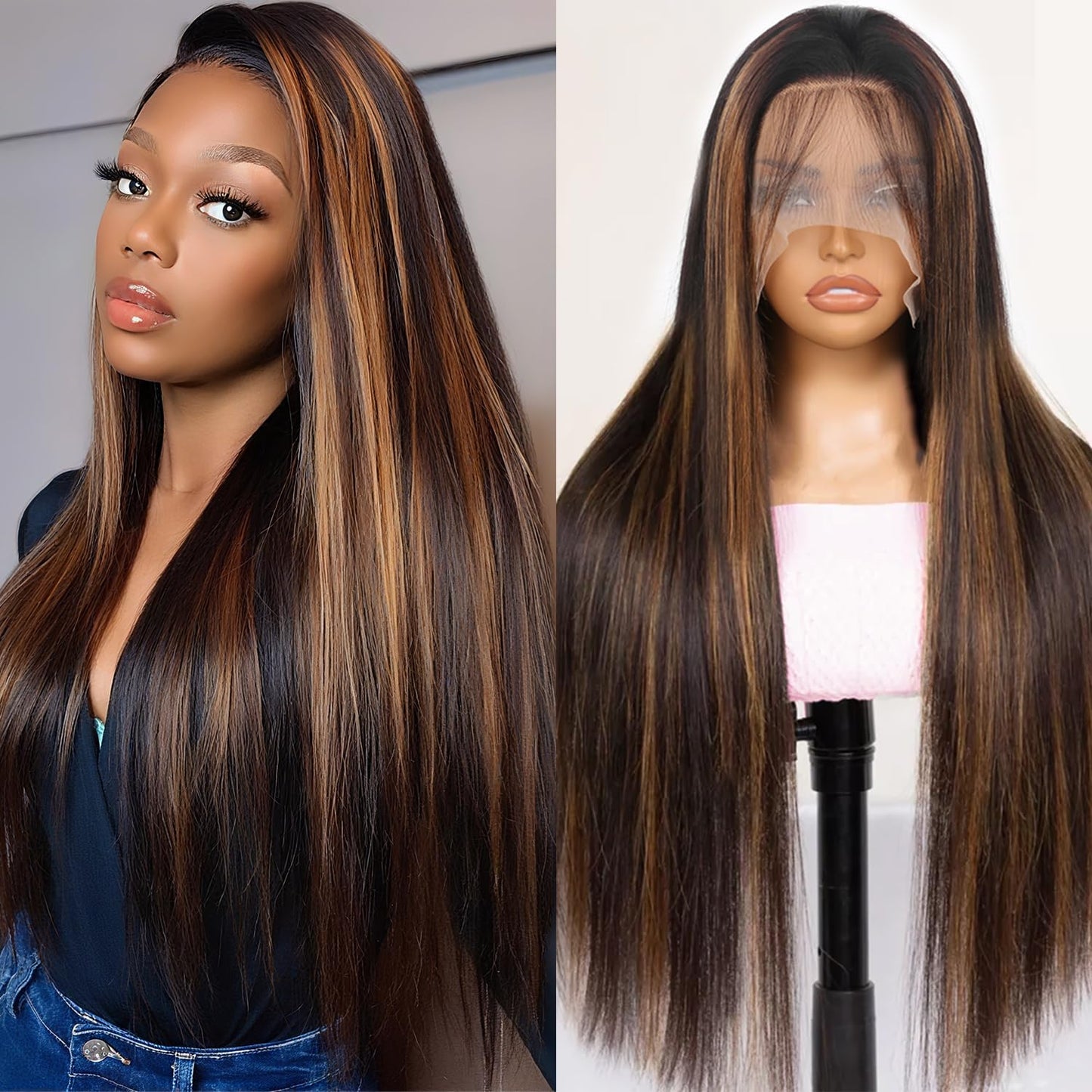 Highlight Ombre Lace Front Wig Human Hair Body Wave Lace Front Wigs Human Hair Pre Plucked 13x4 1B/30 Brown Highlight Wig 200 Density Colored 26 Inch Balayage Glueless Wigs for Women