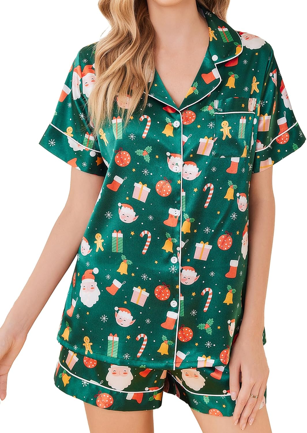 Ekouaer Silk Pajamas for Women Set Short Sleeve Sleepwear Soft Button Down Loungewear 2 Piece Satin Pjs Shorts Set S-XXL