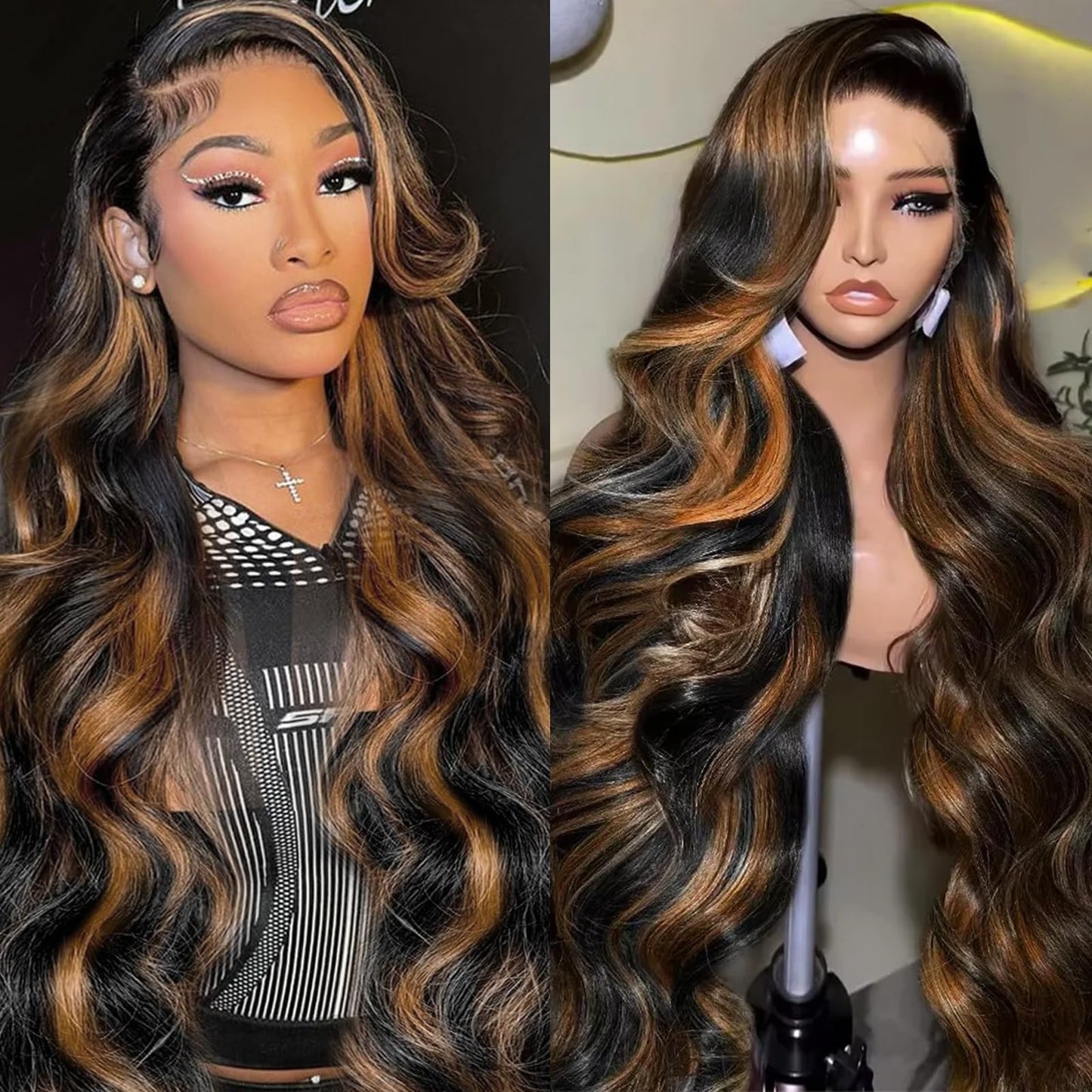 Highlight Ombre Lace Front Wig Human Hair Body Wave Lace Front Wigs Human Hair Pre Plucked 13x4 1B/30 Brown Highlight Wig 200 Density Colored 26 Inch Balayage Glueless Wigs for Women