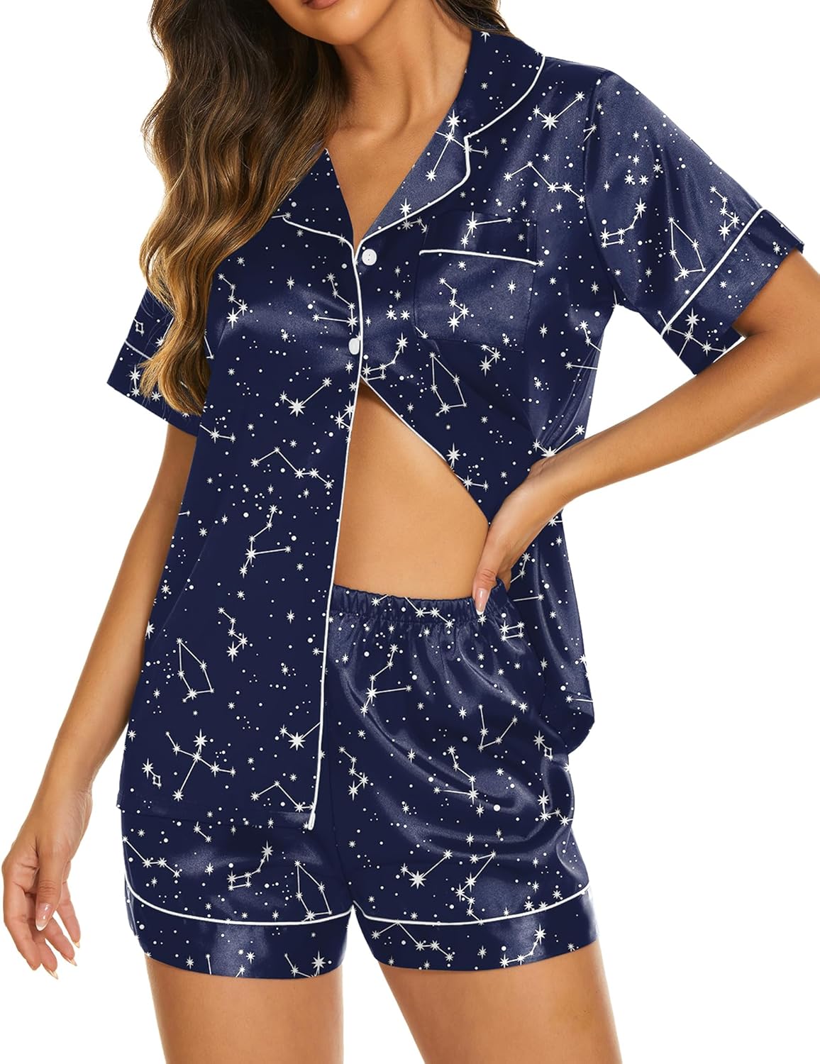 Ekouaer Silk Pajamas for Women Set Short Sleeve Sleepwear Soft Button Down Loungewear 2 Piece Satin Pjs Shorts Set S-XXL