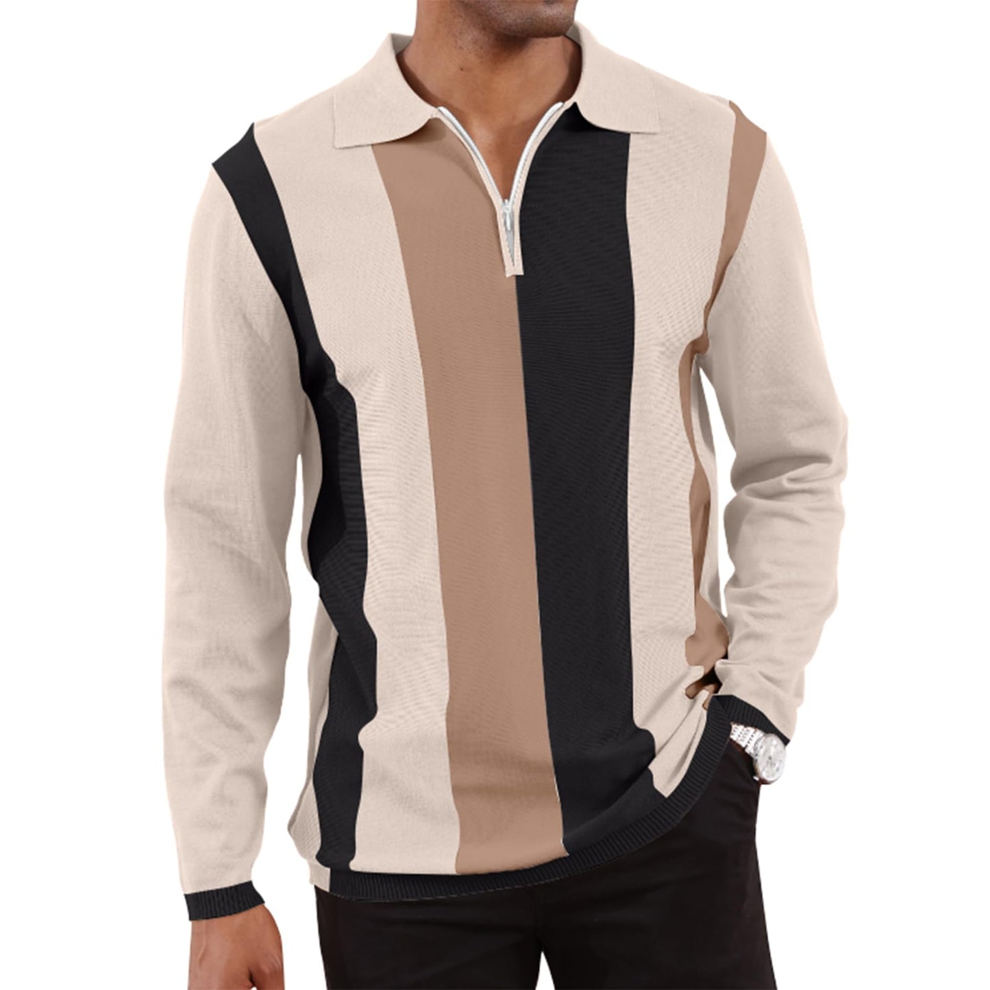Men's Fashion Polo Shirts Vintage Striped Knitting Shirts Casual Slim Fit Golf Shirts