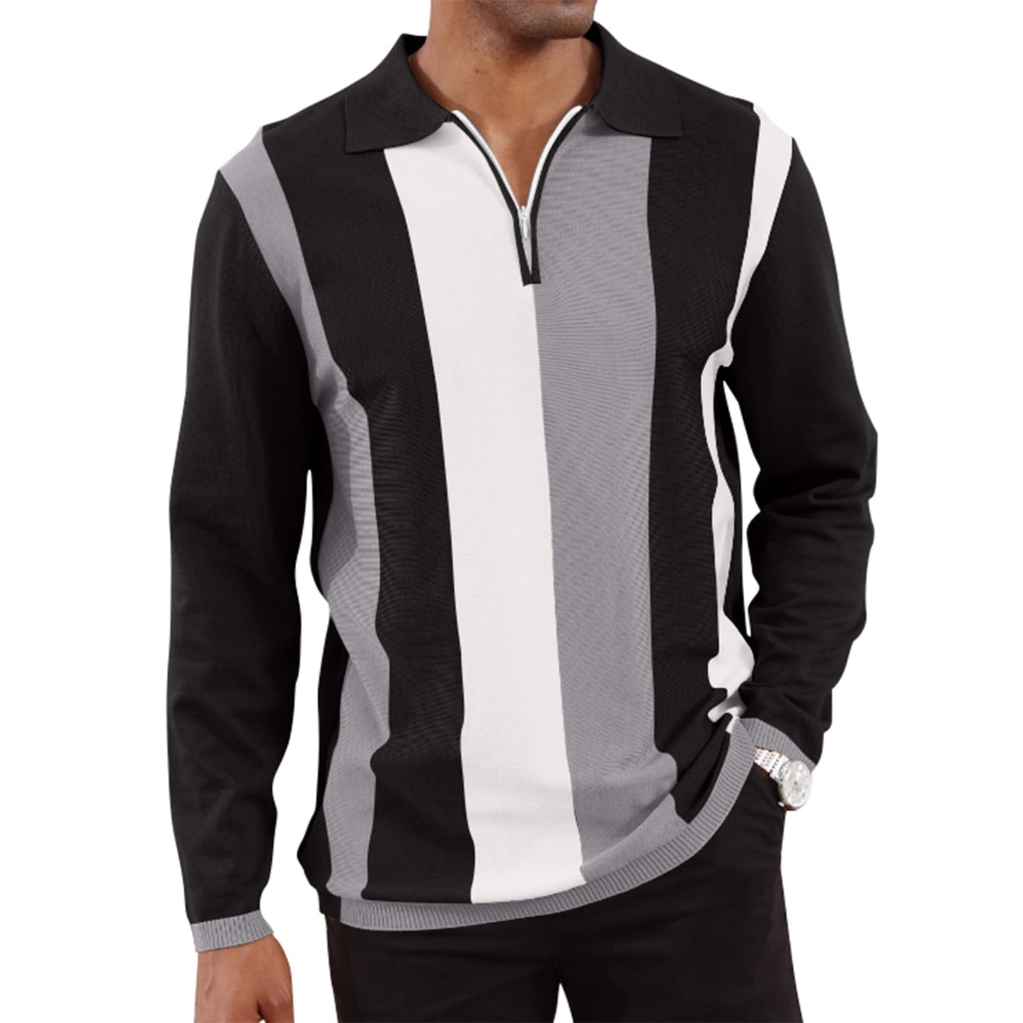 Men's Fashion Polo Shirts Vintage Striped Knitting Shirts Casual Slim Fit Golf Shirts