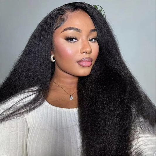 BGM GIRL 9x6 M Cap Glueless Kinky Straight Wig Human Hair Pre Bleached Knots Pre Cut HD Lace 180% Density Natural Black Wear Go Wig for Women Pre Plucked Invisible Lace 18 Inch