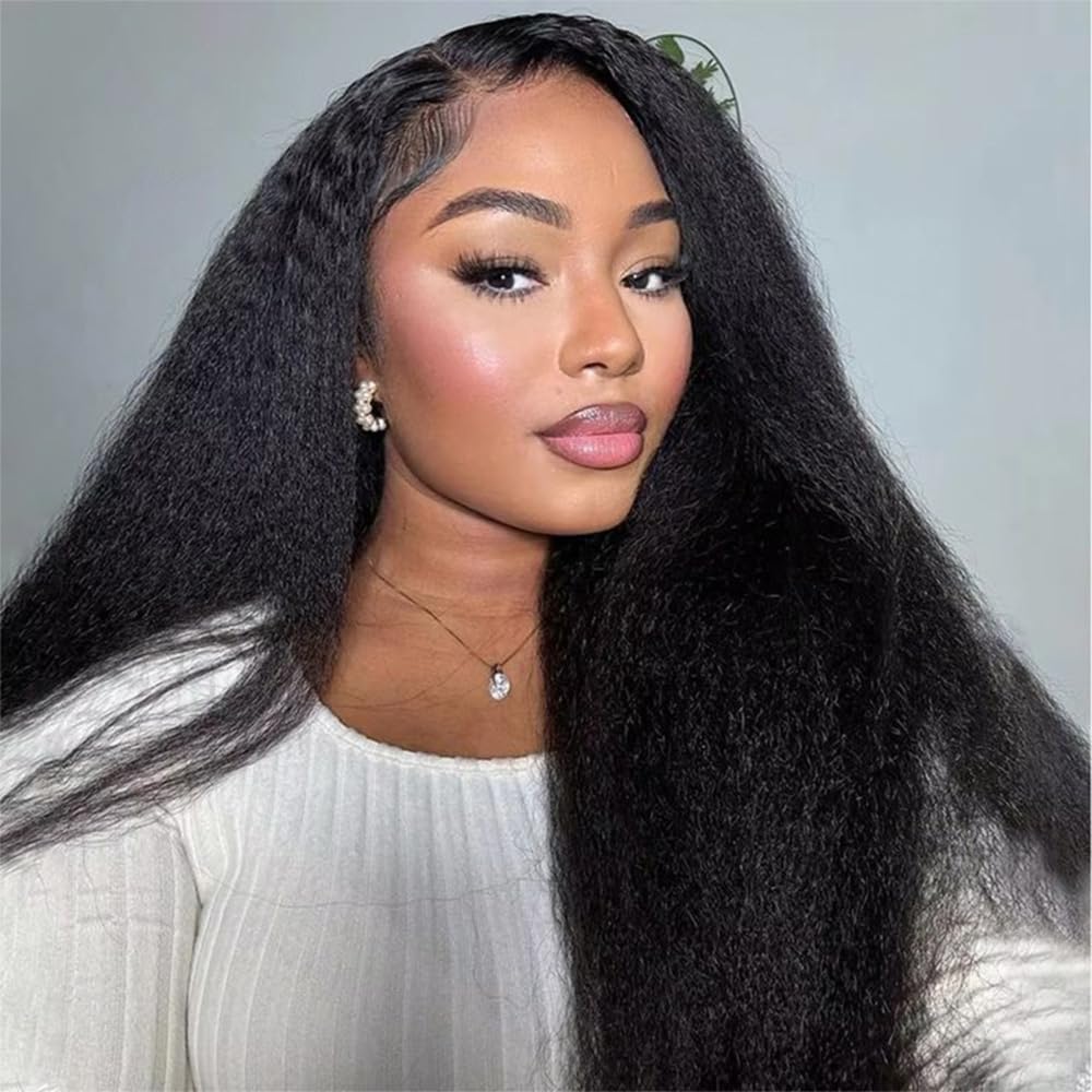 BGM GIRL 9x6 M Cap Glueless Kinky Straight Wig Human Hair Pre Bleached Knots Pre Cut HD Lace 180% Density Natural Black Wear Go Wig for Women Pre Plucked Invisible Lace 18 Inch