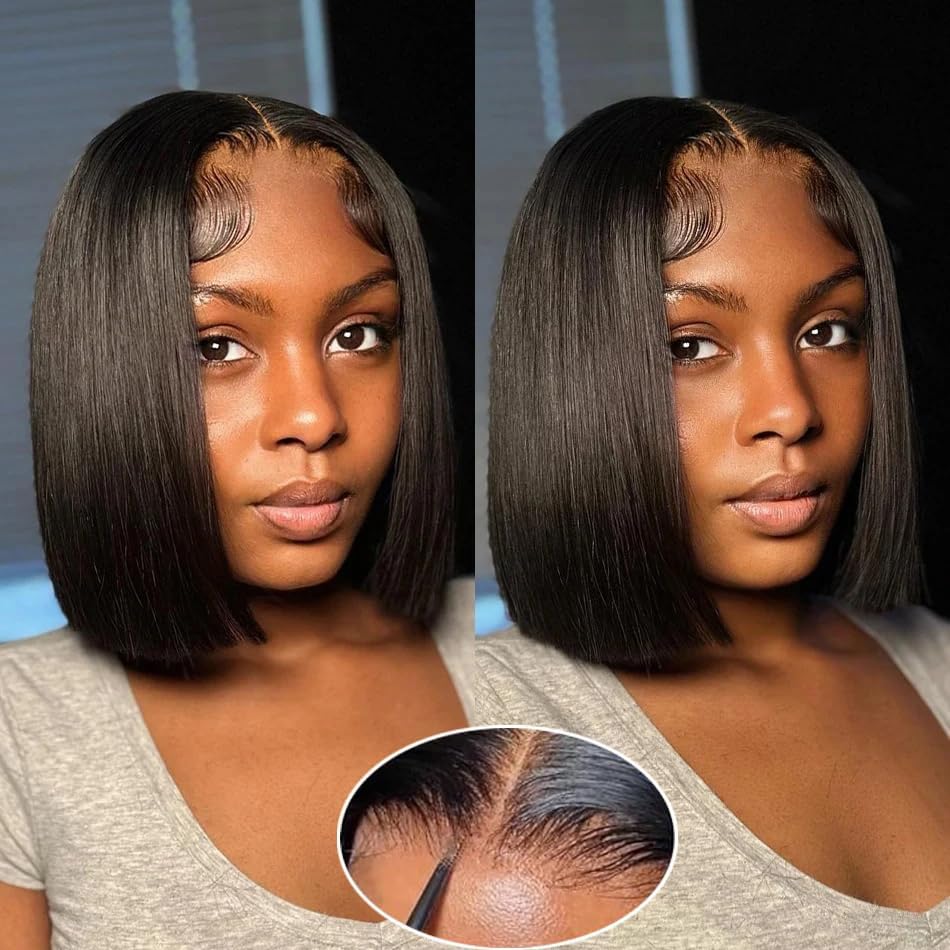 Wear and Go Glueless Bob Wig Human Hair Pre Plucked Pre Cut 180% Density 5x5 HD Transparent Lace Front Wigs Human Hair for Black Women Short Straight Bob Wigs No Glue Lace Closure Wigs 10 Inch