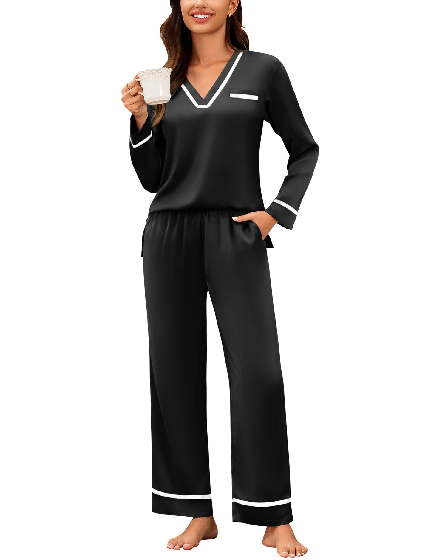 Blooming Jelly Womens Pajamas Set Satin 2 Piece Lounge Pj Cute Silk Long Sleeve Fall Sleepwear with Pockets