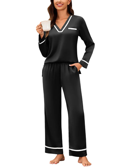 Blooming Jelly Womens Pajamas Set Satin 2 Piece Lounge Pj Cute Silk Long Sleeve Fall Sleepwear with Pockets