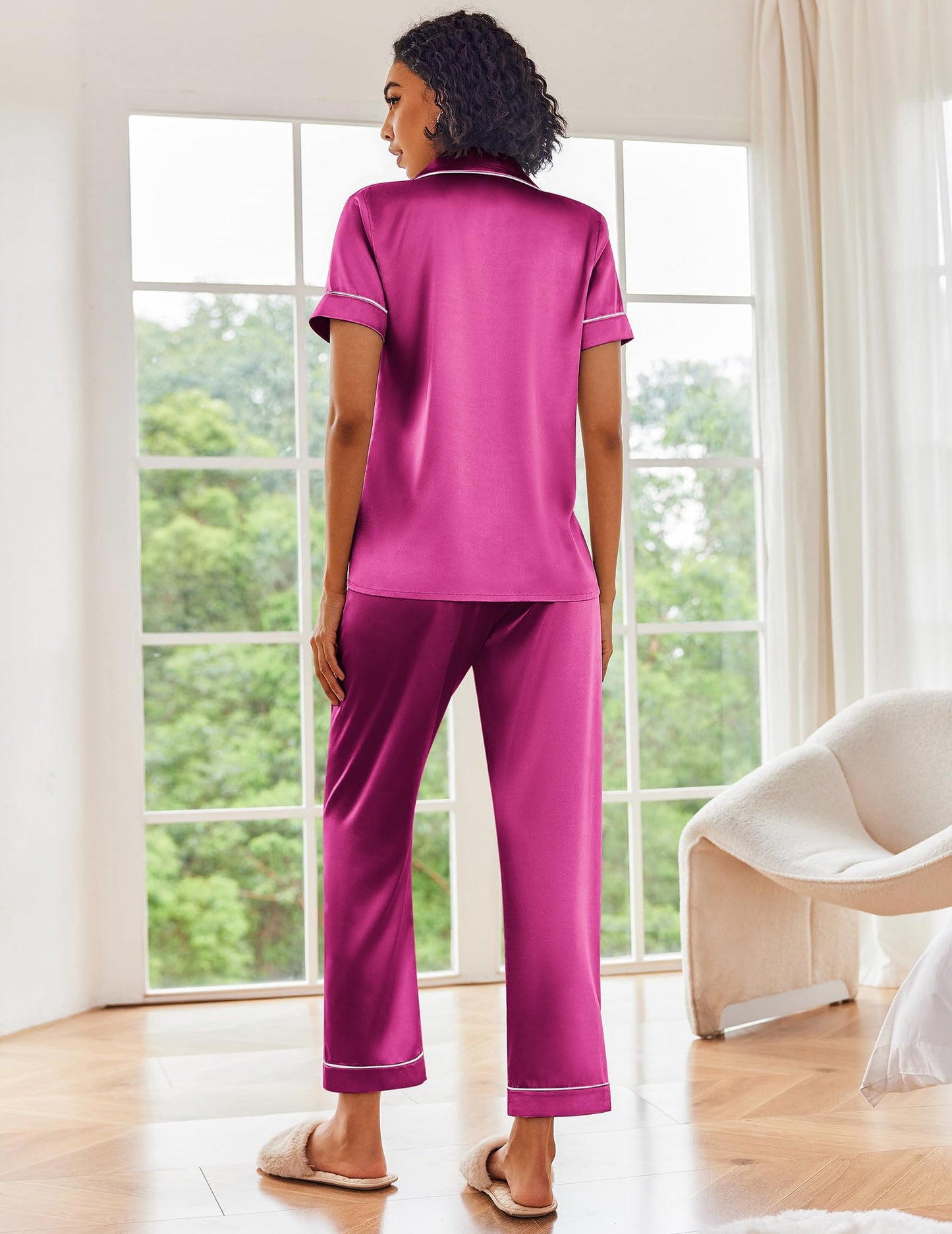 Ekouaer 2 Pack Silk Pajamas for Women Short Sleeve Button Down Satin Pajama Set for Women Soft Pjs Loungewear S-XXL