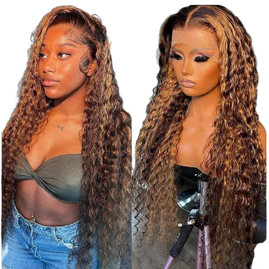 Chesma 28inch Highlight Ombre Lace Front Wig Human Hair 13x4 HD Honey Blonde 4/27 Deep Wave Lace Frontal Wigs Glueless Wigs Human Hair Pre Plucked with Baby Hair 180 Density