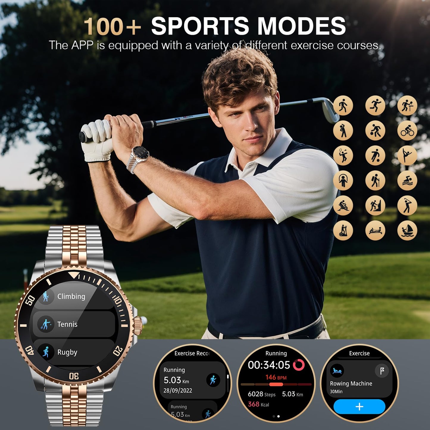 2025 DA GPT Smart Watch for Men with Bluetooth Call, Heart Rate, Blood Pressure, SpO2, Sleep Monitor, 107 Sports Modes, Waterproof Round Watch, 1.19-inch AMOLED Display, Compatible Android and iOS