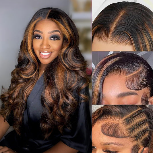 Highlight Ombre Lace Front Wig Human Hair Body Wave Lace Front Wigs Human Hair Pre Plucked 13x4 1B/30 Brown Highlight Wig 200 Density Colored 26 Inch Balayage Glueless Wigs for Women