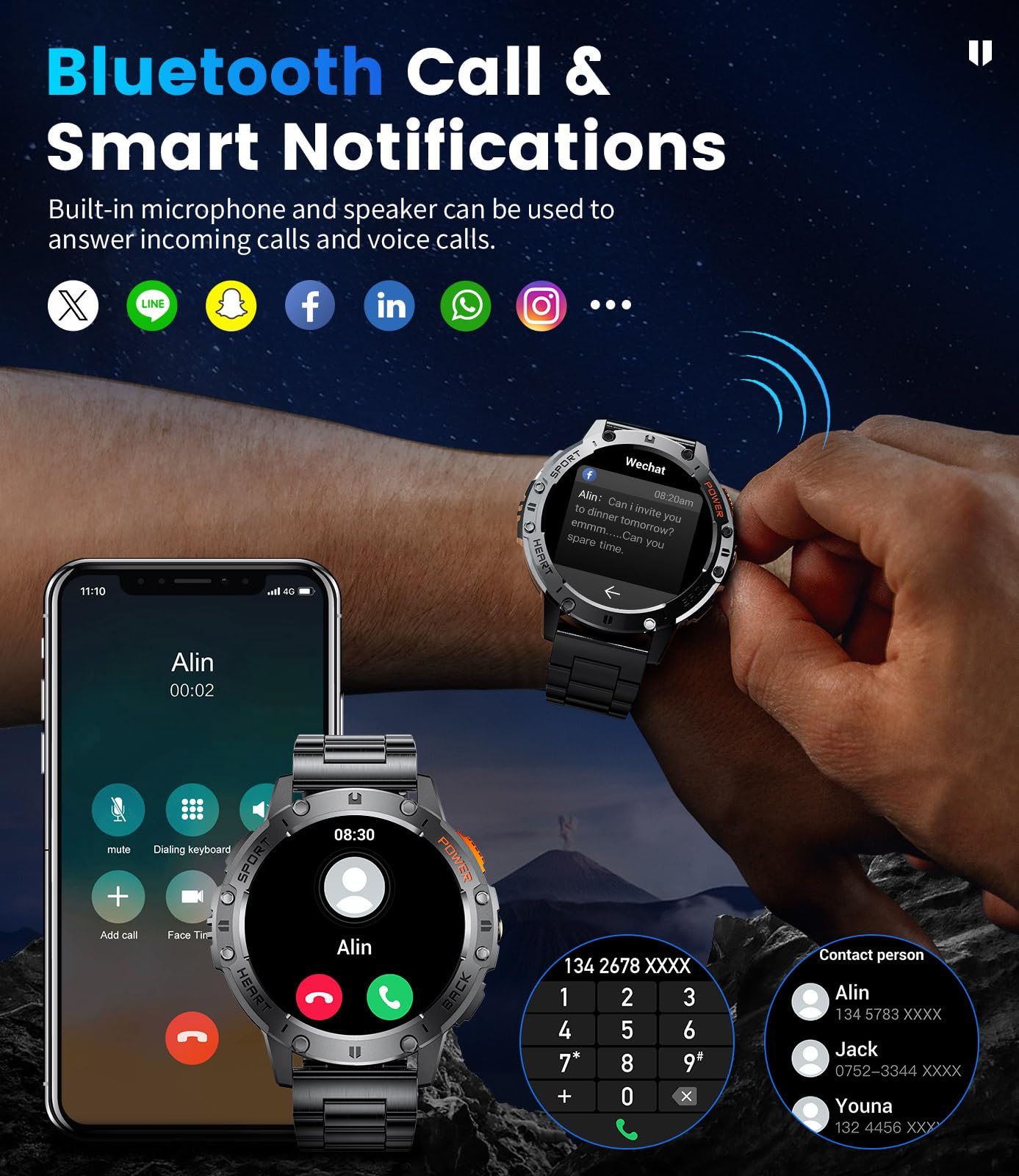 Smart Watch for Men for Android/iOS(3 Bands),1.43’’ AMOLED Display Sport Watch with 123 Sport Modes/FlashLight,5ATM Waterproof Fitness Tracker with Blood Pressure/Heart Rate/Sleep Monitor,Metal