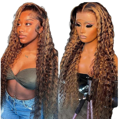 Chesma 28inch Highlight Ombre Lace Front Wig Human Hair 13x4 HD Honey Blonde 4/27 Deep Wave Lace Frontal Wigs Glueless Wigs Human Hair Pre Plucked with Baby Hair 180 Density