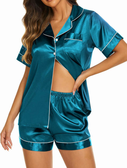 Ekouaer Silk Pajamas for Women Set Short Sleeve Sleepwear Soft Button Down Loungewear 2 Piece Satin Pjs Shorts Set S-XXL