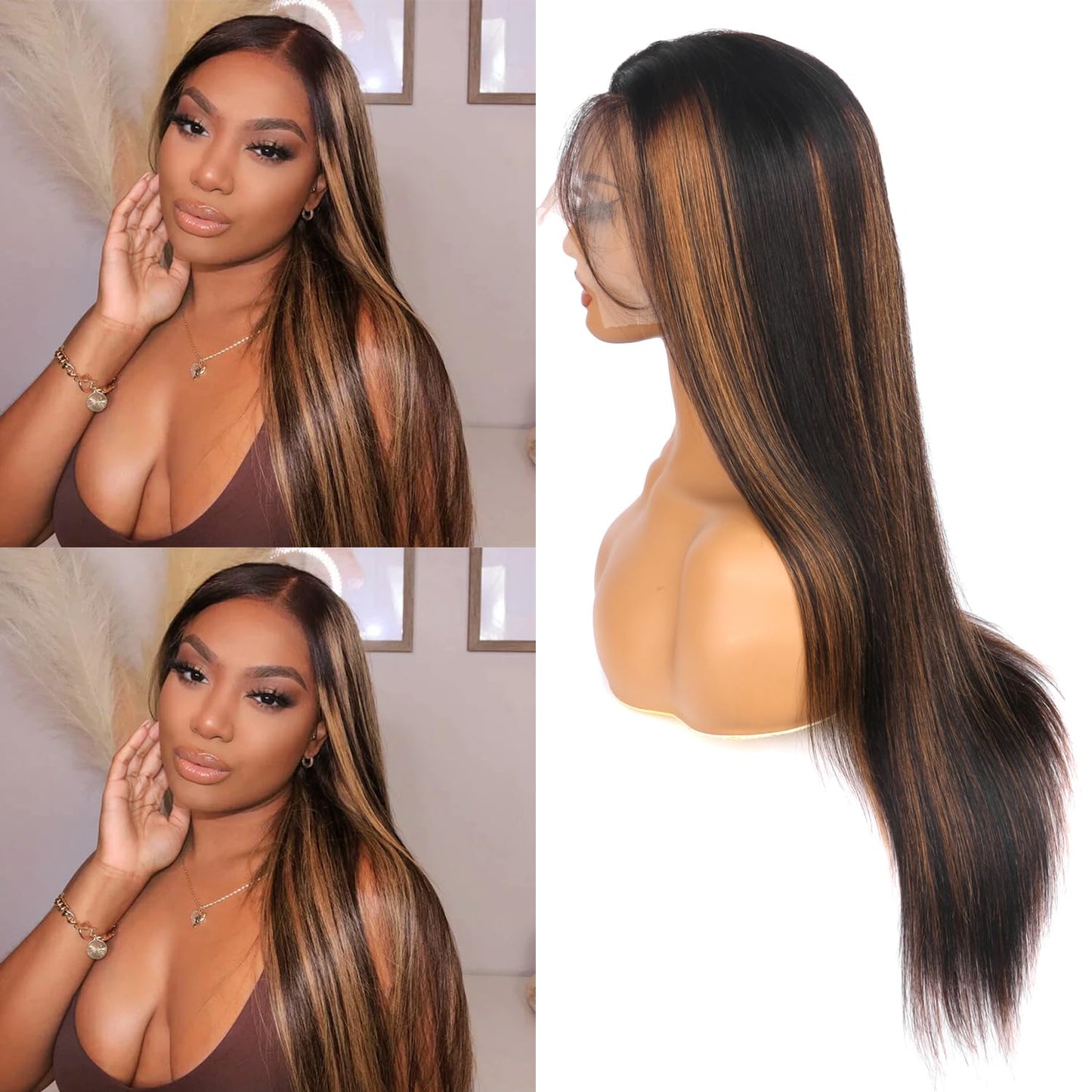 Highlight Ombre Lace Front Wig Human Hair Body Wave Lace Front Wigs Human Hair Pre Plucked 13x4 1B/30 Brown Highlight Wig 200 Density Colored 26 Inch Balayage Glueless Wigs for Women