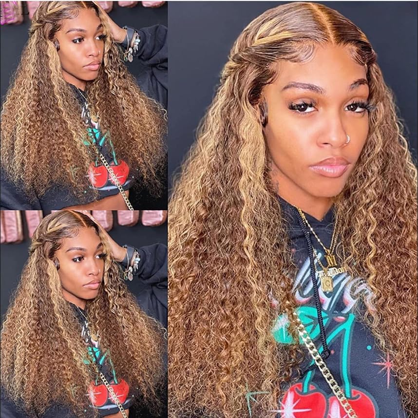 Chesma 28inch Highlight Ombre Lace Front Wig Human Hair 13x4 HD Honey Blonde 4/27 Deep Wave Lace Frontal Wigs Glueless Wigs Human Hair Pre Plucked with Baby Hair 180 Density
