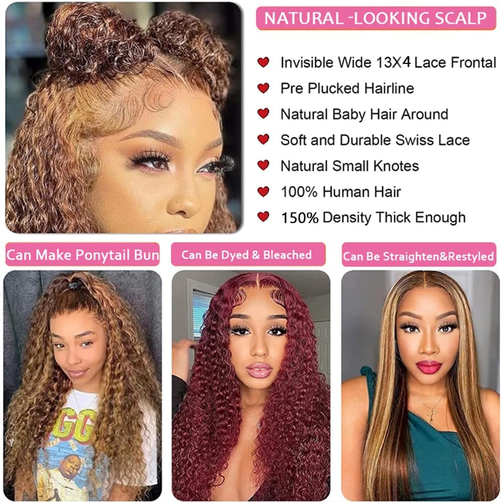 Chesma 28inch Highlight Ombre Lace Front Wig Human Hair 13x4 HD Honey Blonde 4/27 Deep Wave Lace Frontal Wigs Glueless Wigs Human Hair Pre Plucked with Baby Hair 180 Density