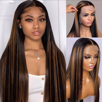 Highlight Ombre Lace Front Wig Human Hair Body Wave Lace Front Wigs Human Hair Pre Plucked 13x4 1B/30 Brown Highlight Wig 200 Density Colored 26 Inch Balayage Glueless Wigs for Women