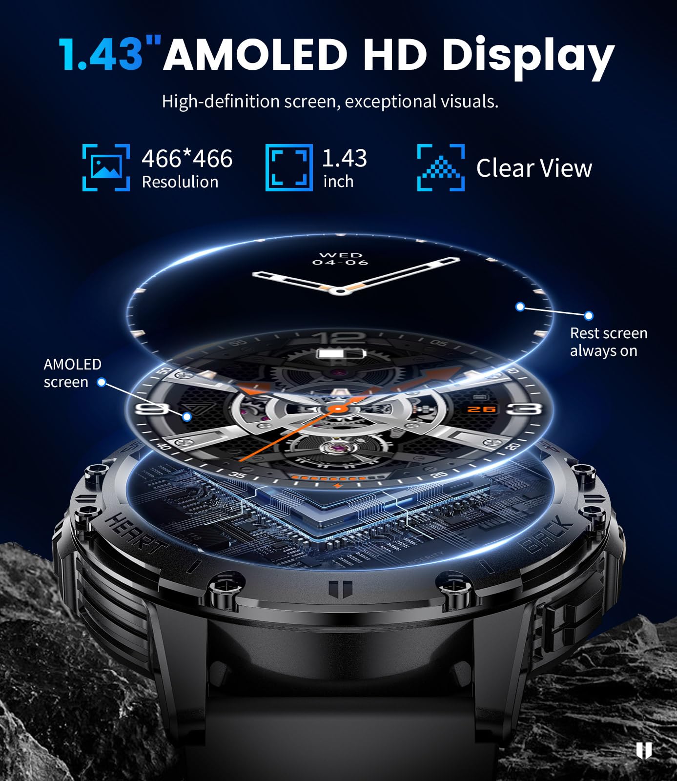 Smart Watch for Men for Android/iOS(3 Bands),1.43’’ AMOLED Display Sport Watch with 123 Sport Modes/FlashLight,5ATM Waterproof Fitness Tracker with Blood Pressure/Heart Rate/Sleep Monitor,Metal