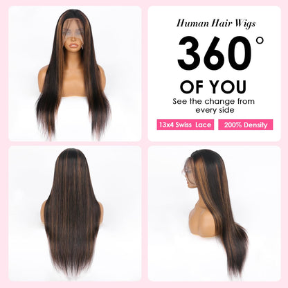 Highlight Ombre Lace Front Wig Human Hair Body Wave Lace Front Wigs Human Hair Pre Plucked 13x4 1B/30 Brown Highlight Wig 200 Density Colored 26 Inch Balayage Glueless Wigs for Women