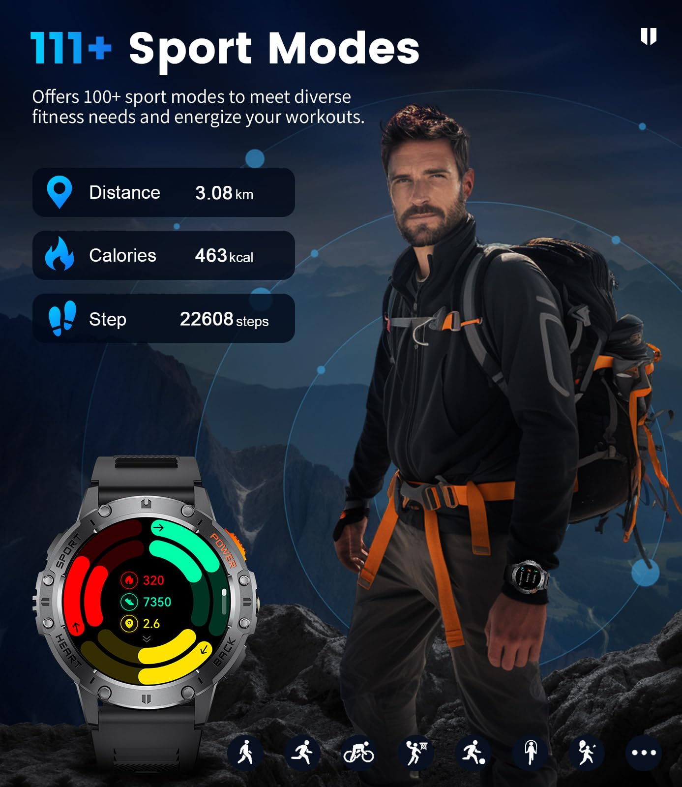 Smart Watch for Men for Android/iOS(3 Bands),1.43’’ AMOLED Display Sport Watch with 123 Sport Modes/FlashLight,5ATM Waterproof Fitness Tracker with Blood Pressure/Heart Rate/Sleep Monitor,Metal