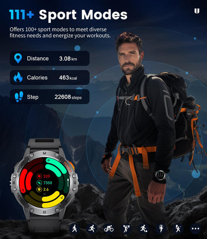 Smart Watch for Men for Android/iOS(3 Bands),1.43’’ AMOLED Display Sport Watch with 123 Sport Modes/FlashLight,5ATM Waterproof Fitness Tracker with Blood Pressure/Heart Rate/Sleep Monitor,Metal
