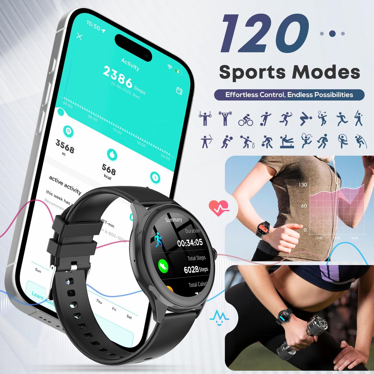 Smart Watches for Women Men, 1.39" HD IPS Touchscreen Smartwatch with 120 Sports Modes, Heart Rate/Sleep Monitor, IP67 Waterproof, Bluetooth Call & Music Control for iPhone/Android (Black)