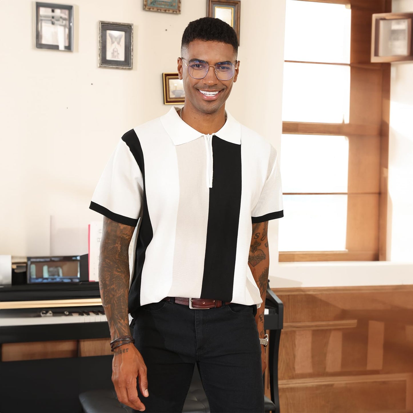 Men's Fashion Polo Shirts Vintage Striped Knitting Shirts Casual Slim Fit Golf Shirts