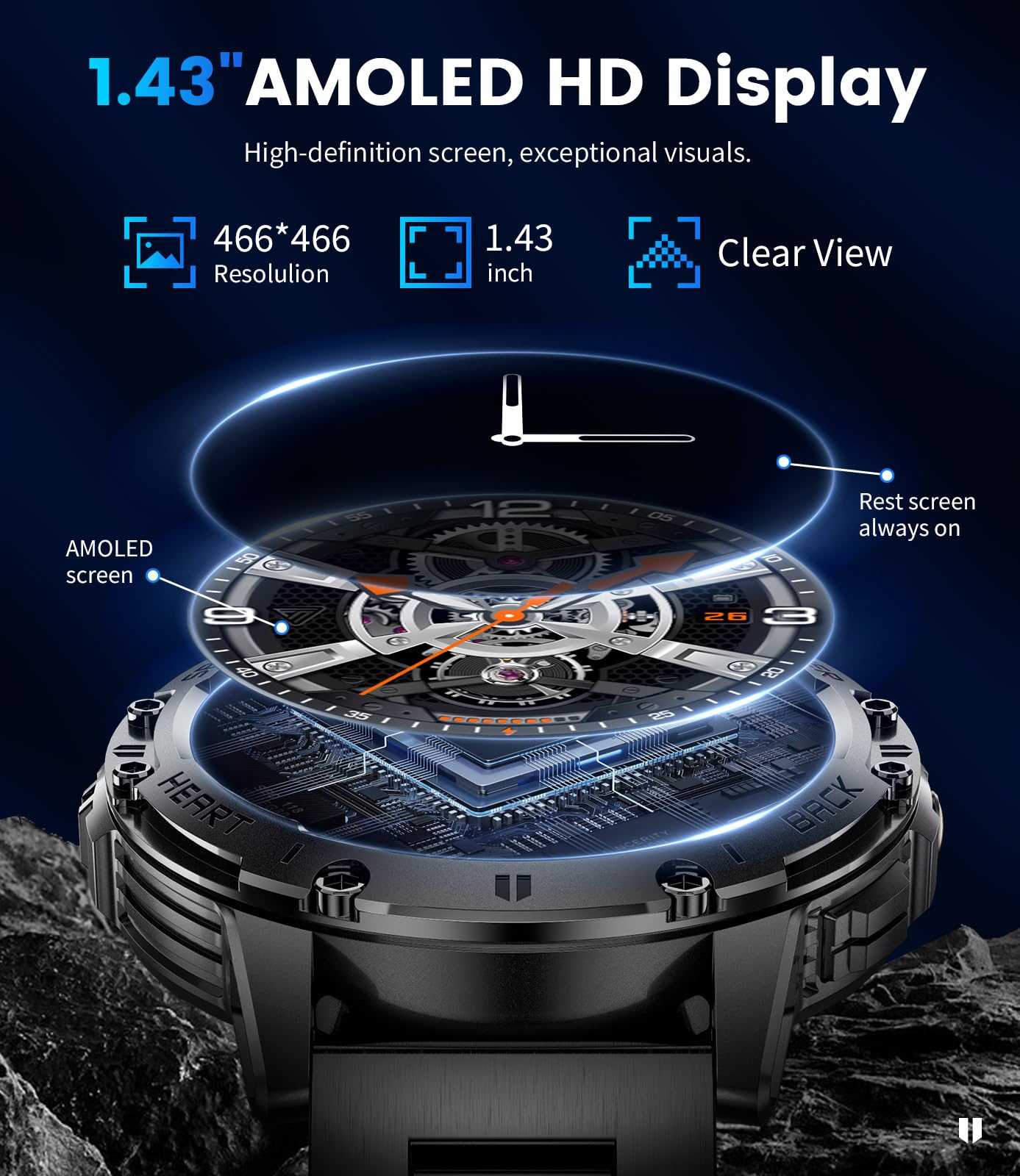 Smart Watch for Men for Android/iOS(3 Bands),1.43’’ AMOLED Display Sport Watch with 123 Sport Modes/FlashLight,5ATM Waterproof Fitness Tracker with Blood Pressure/Heart Rate/Sleep Monitor,Metal