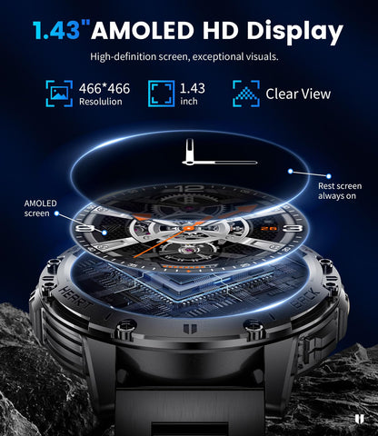 Smart Watch for Men for Android/iOS(3 Bands),1.43’’ AMOLED Display Sport Watch with 123 Sport Modes/FlashLight,5ATM Waterproof Fitness Tracker with Blood Pressure/Heart Rate/Sleep Monitor,Metal