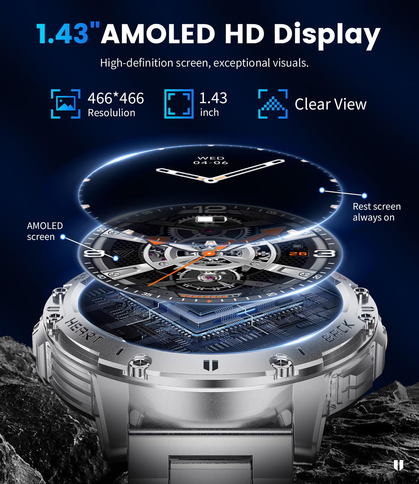 Smart Watch for Men for Android/iOS(3 Bands),1.43’’ AMOLED Display Sport Watch with 123 Sport Modes/FlashLight,5ATM Waterproof Fitness Tracker with Blood Pressure/Heart Rate/Sleep Monitor,Metal